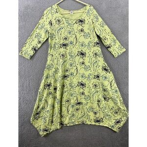 Cotton Lani Dress Womens Medium Green Floral Handkerchief Hem Pockets USA
